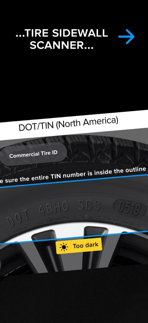 Anyline / TireBuddy, stage 5: ADJACENT (Anyline Showcase app, DOT/TIN OCR scanner, not tread): live sidewall view with y