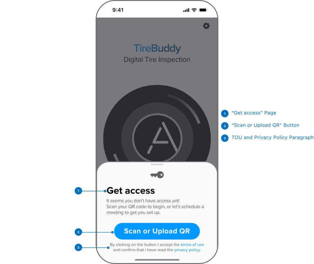 Anyline / TireBuddy, stage 1: TireBuddy first-launch 'Get access' bottom sheet: 'It seems you don't have access yet! Sca