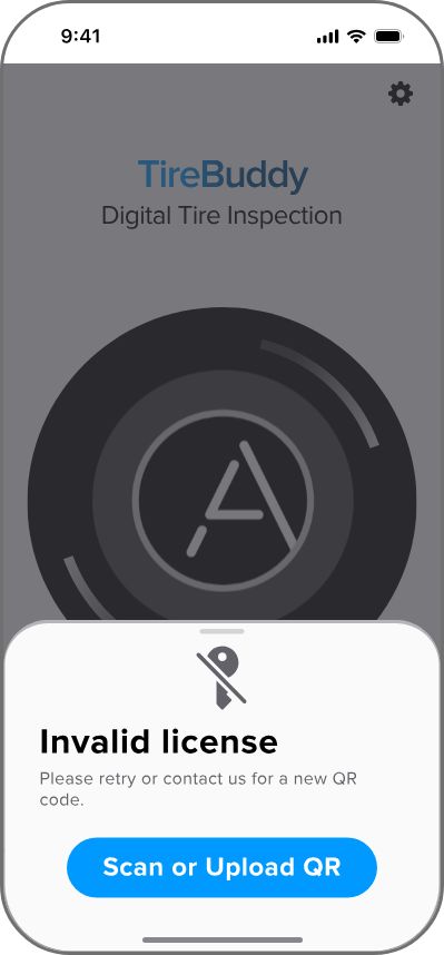 Anyline / TireBuddy, stage 1: 'Invalid license - Please retry or contact us for a new QR code' state behind the Tire dia
