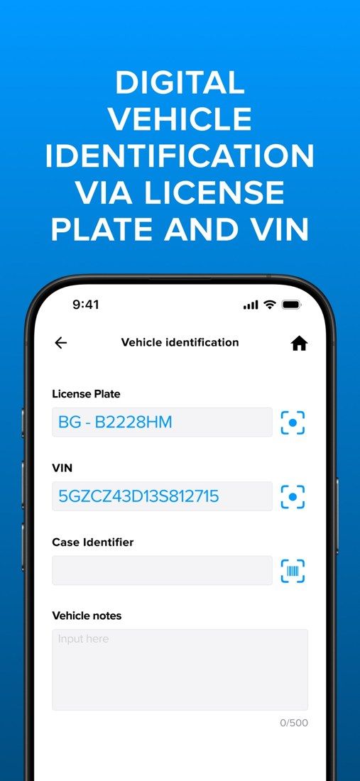 Anyline / TireBuddy, stage 2: 'Vehicle identification' screen: License Plate (BG - B2228HM) and VIN fields each with a s