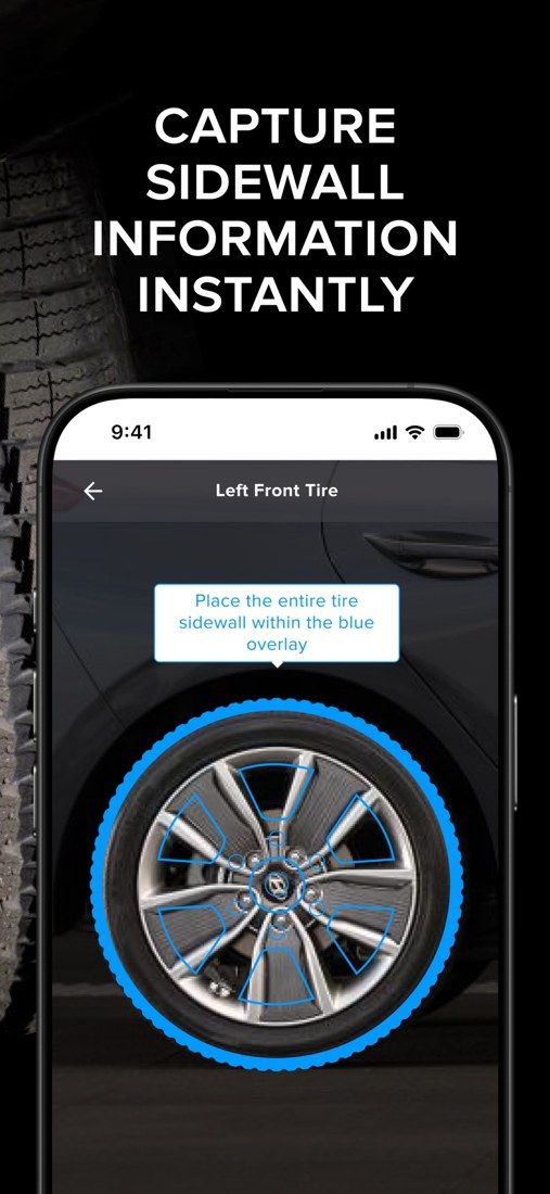 Anyline / TireBuddy, stage 3: Sidewall capture: tooltip 'Place the entire tire sidewall within the blue overlay' above a