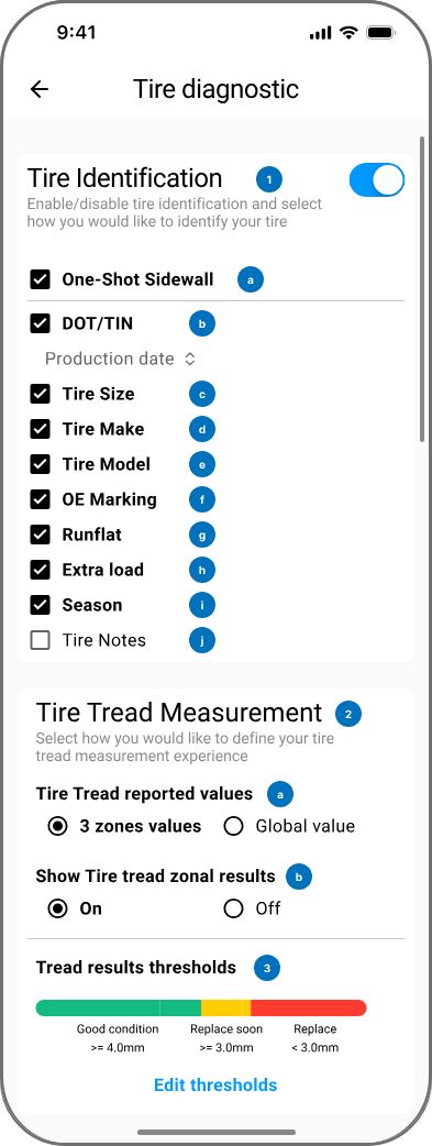 Anyline / TireBuddy, stage 7: Settings 'Tire diagnostic': switch between '3 zones values' and 'Global value', toggle 'Sh