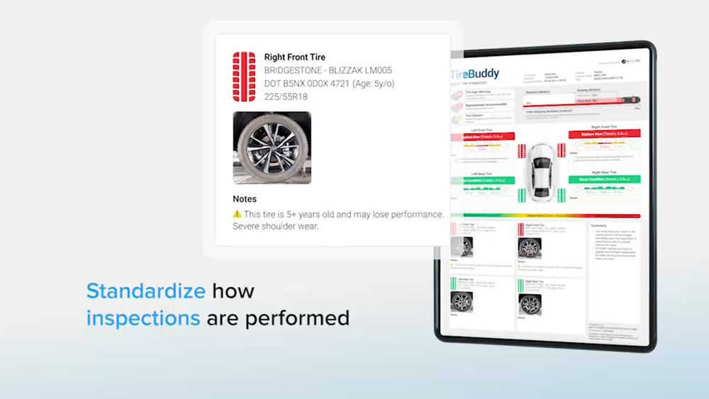 Anyline / TireBuddy, stage 7: Tire card in the report: tread icon (red), 'Right Front Tire BRIDGESTONE - BLIZZAK LM005, 