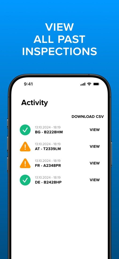 Anyline / TireBuddy, stage 9: 'Activity' list with 'DOWNLOAD CSV' and rows (date 13.10.2024 18:19, plate, VIEW) marked w