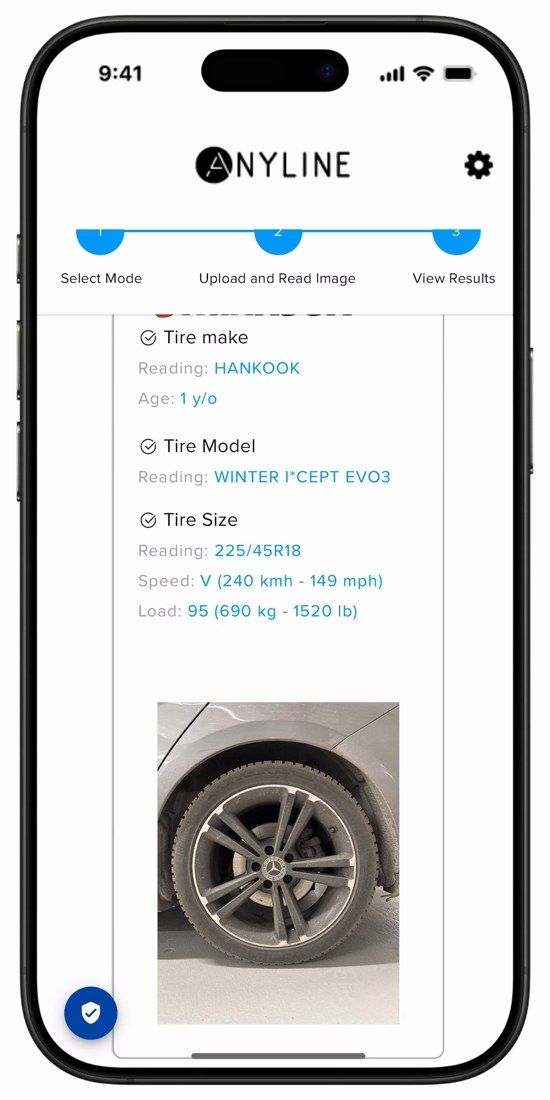 Anyline / TireBuddy, stage 7: 'Scan Results' (step 3): 'Tire Recall & Safety Check - No new information surfaced in the 