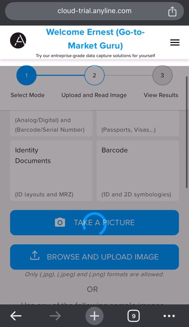 Anyline / TireBuddy, stage 3: Screen recording on an iPhone in Safari (address bar cloud-trial.anyline.com): same wheel-