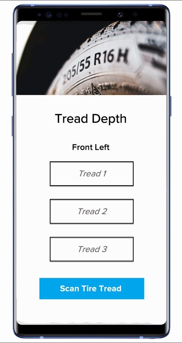 Anyline / TireBuddy, stage 2: Android phone sample app 'Tread Depth' for position 'Front Left' with three empty fields T