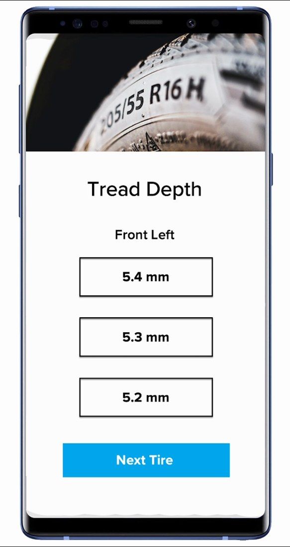 Anyline / TireBuddy, stage 7: Result: Front Left fields filled with 5.4 mm, 5.3 mm, 5.2 mm and a 'Next Tire' button (flo