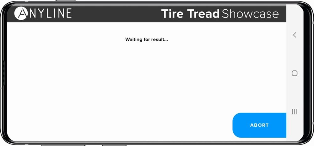 Anyline / TireBuddy, stage 6: Processing state: blank screen 'Waiting for result...' with an ABORT button under the 'Tir