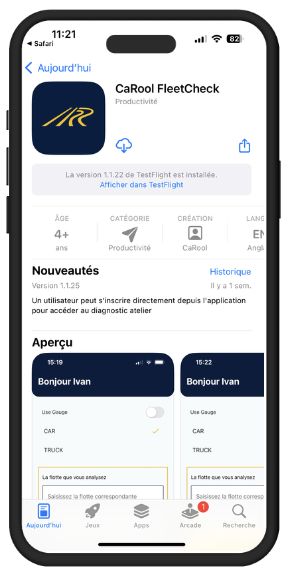 CaRool, stage 1: FleetCheck iOS install page shown in an official marketing mock-up: App Store page with a 