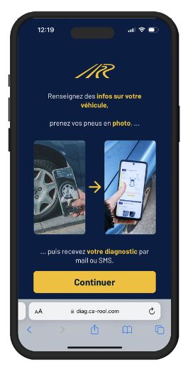 CaRool, stage 1: Driver web app (diag.ca-rool.com) landing screen: 'Renseignez des infos sur votre véhicule