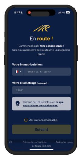 CaRool, stage 1: Driver web app step 'En route !': licence plate field (placeholder '695 FR 48 / AF-489-OH'