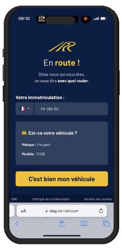 CaRool, stage 2: Driver web app: after plate entry the app asks 'Est-ce votre véhicule ?' showing Marque Pe