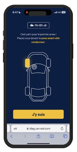 CaRool, stage 2: Driver web app: top-down car outline with the front-left (driver-side) wheel highlighted i