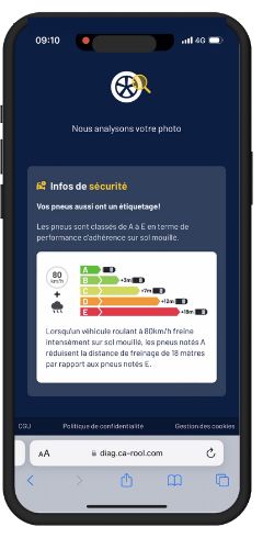 CaRool, stage 6: Driver web app waiting screen: tyre-with-magnifier icon and 'Nous analysons votre photo'; 