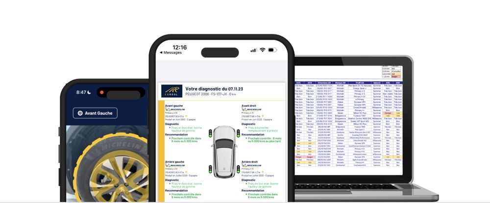 CaRool, stage 7: Fleet-side mock-up: phone showing the same traffic-light report and a laptop showing a spr