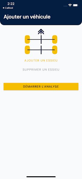 CaRool, stage 2: 'Ajouter un véhicule' for trucks: schematic of 2 axles with 'AJOUTER UN ESSIEU / SUPPRIMER