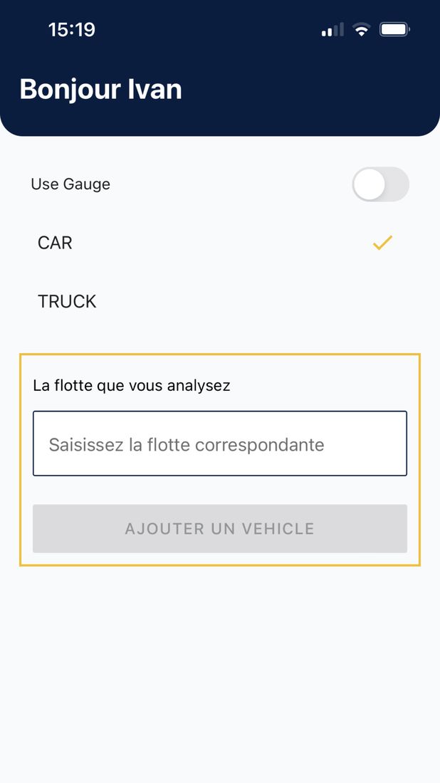 CaRool, stage 1: FleetCheck home after login: dark-blue header 'Bonjour Ivan', 'Use Gauge' toggle (off), ve