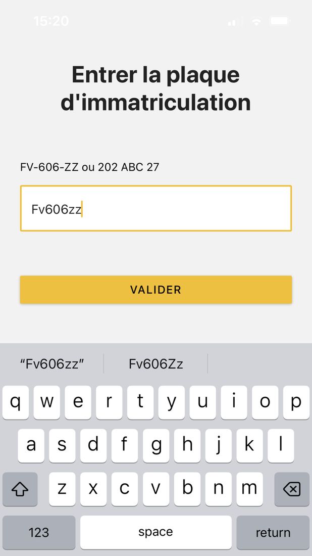 CaRool, stage 2: Plate entry screen 'Entrer la plaque d'immatriculation' with example formats 'FV-606-ZZ ou