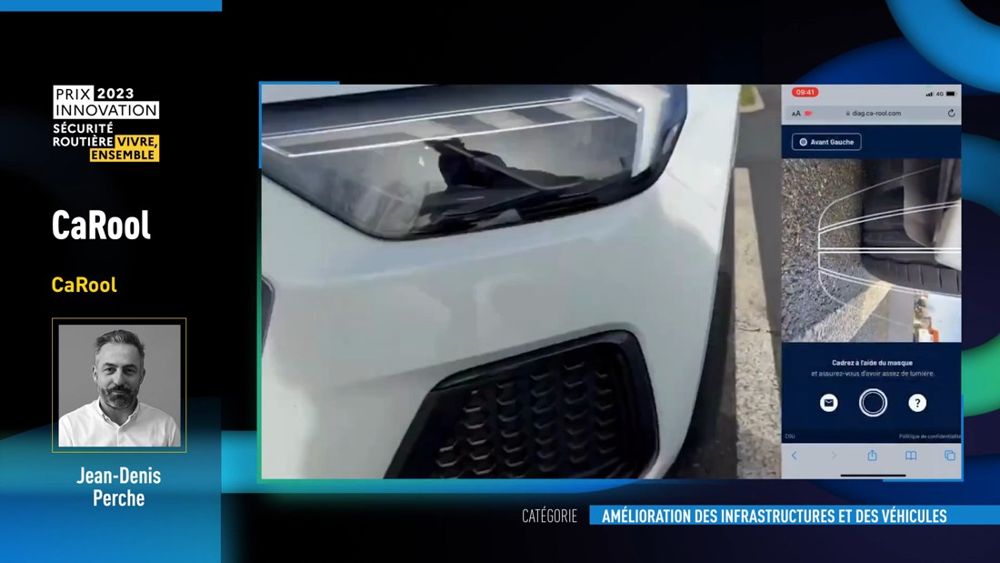 CaRool, stage 3: Close-up of a car front corner while the app screen (right) shows a white outline mask on 