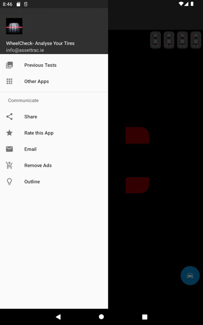 TireCheck: AI Tyre Scanner, stage 1: LEGACY UI: navigation drawer with header 'WheelCheck- Analyse Your Tires / info@assettrac.