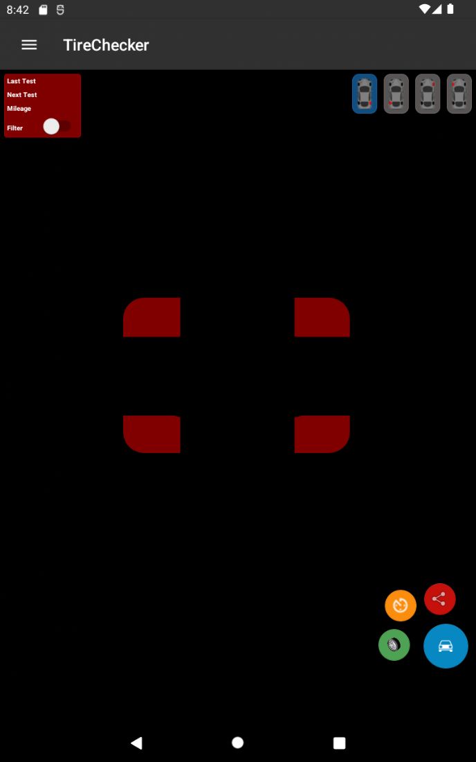 TireCheck: AI Tyre Scanner, stage 1: LEGACY UI (tablet store screenshot): main screen titled 'TireChecker' - black camera area,