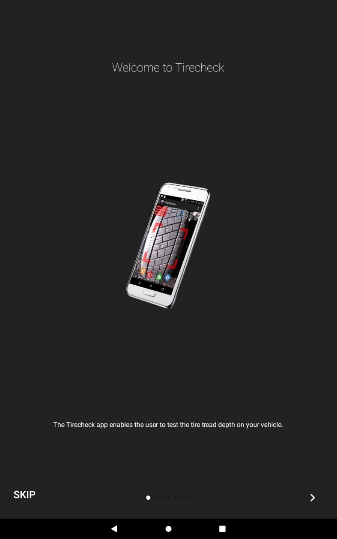 TireCheck: AI Tyre Scanner, stage 1: LEGACY UI (pre-2026, tablet store screenshot): first onboarding slide 'Welcome to Tirechec