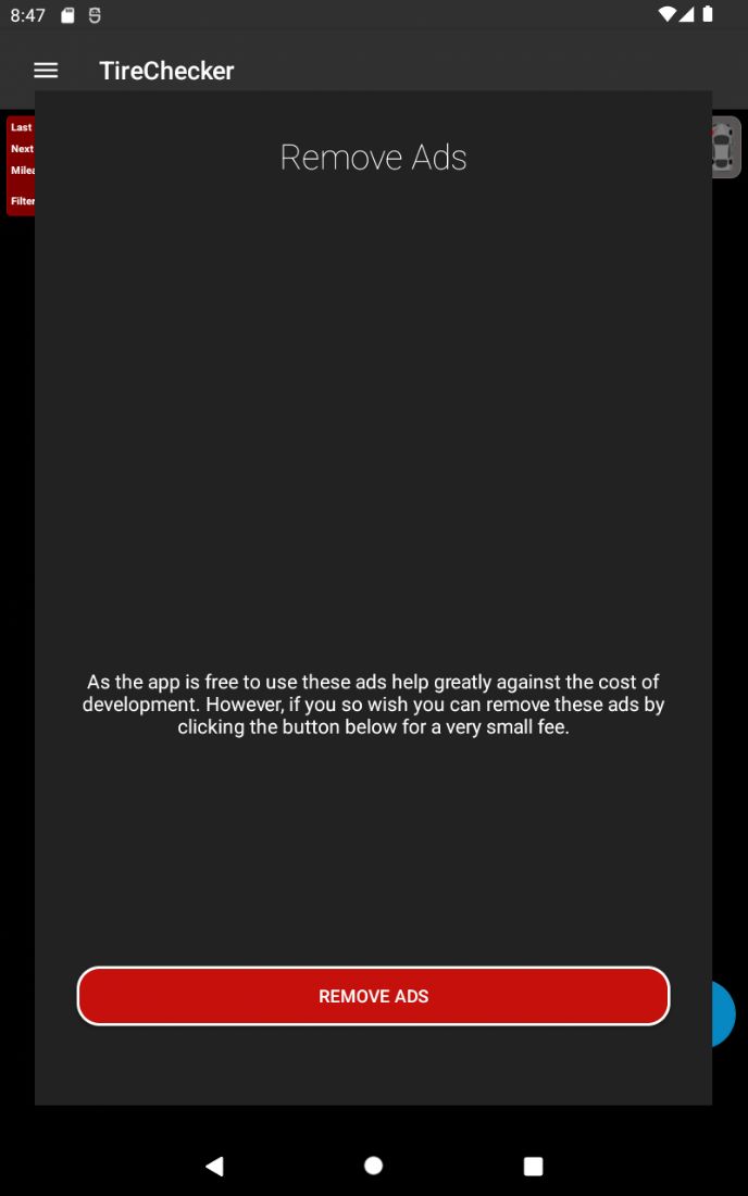 TireCheck: AI Tyre Scanner, stage 1: LEGACY monetisation: 'Remove Ads' screen: 'As the app is free to use these ads help greatl