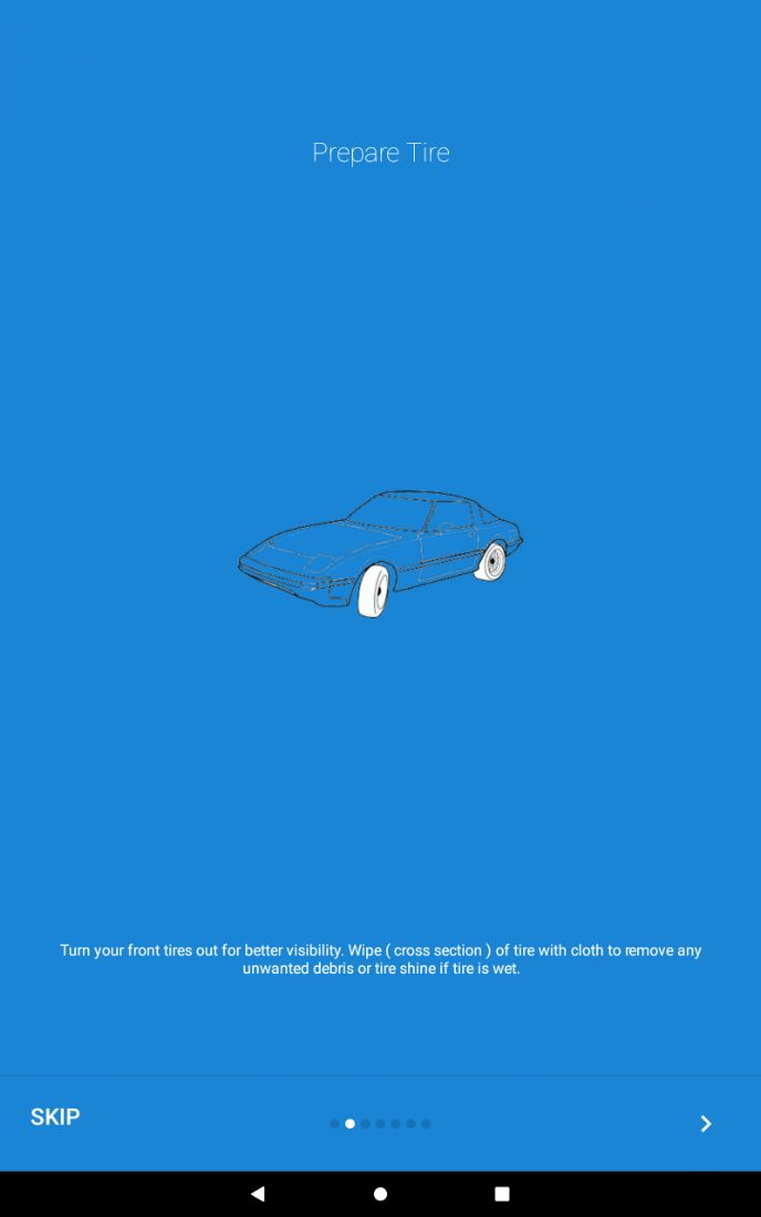 TireCheck: AI Tyre Scanner, stage 2: LEGACY UI onboarding slide 'Prepare Tire' with a line drawing of a car: 'Turn your front t