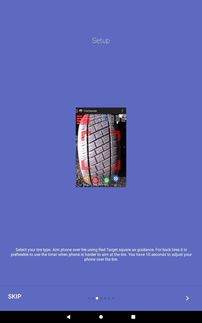 TireCheck: AI Tyre Scanner, stage 3: LEGACY UI 'Setup' slide: thumbnail of camera view with four red corner brackets over a tre