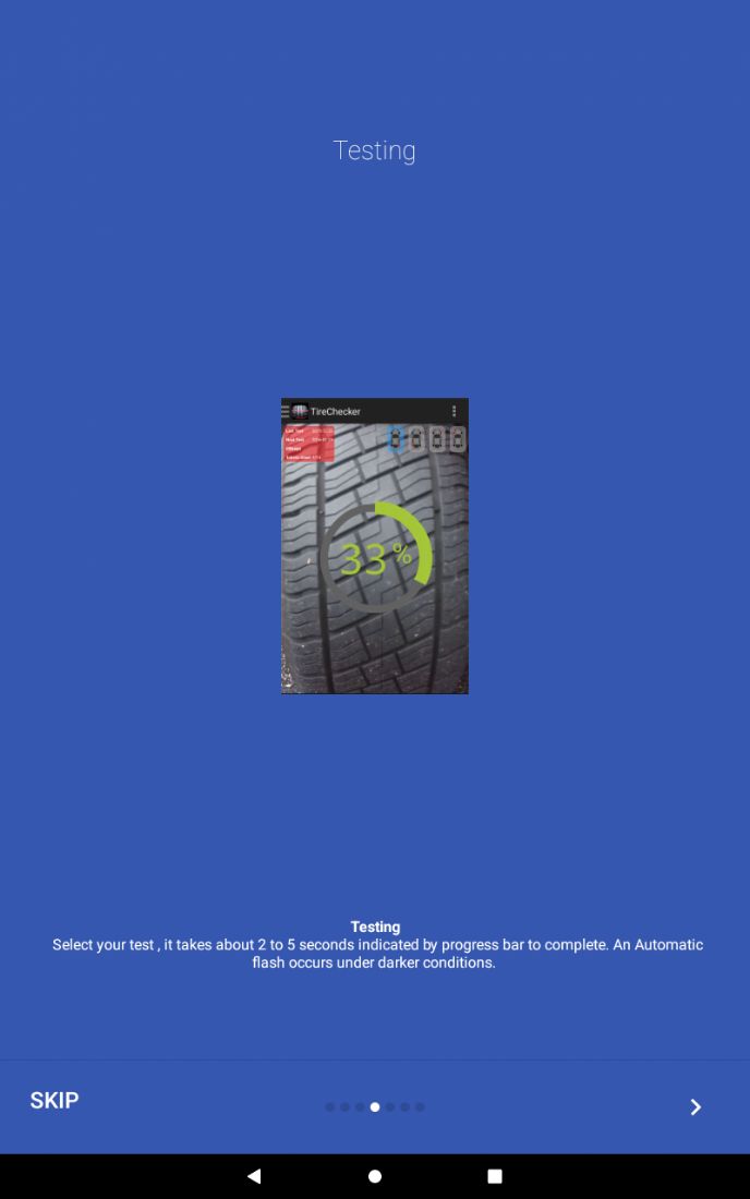 TireCheck: AI Tyre Scanner, stage 6: LEGACY UI 'Testing' slide: camera view of a tread with a large circular progress ring read
