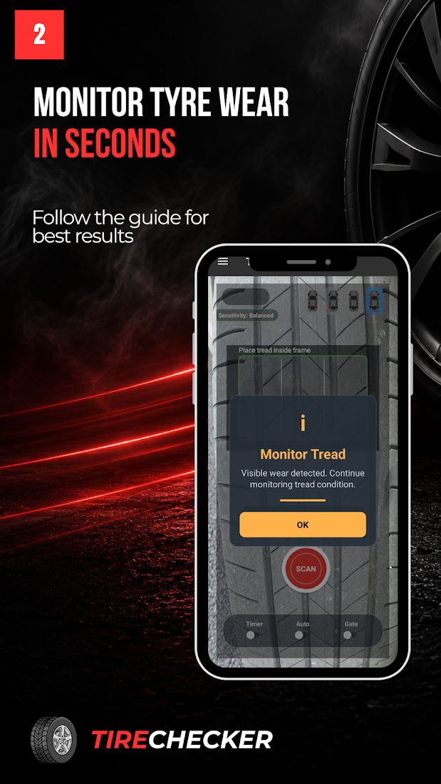 TireCheck: AI Tyre Scanner, stage 7: CURRENT result dialog (amber): info icon, 'Monitor Tread', 'Visible wear detected. Continu