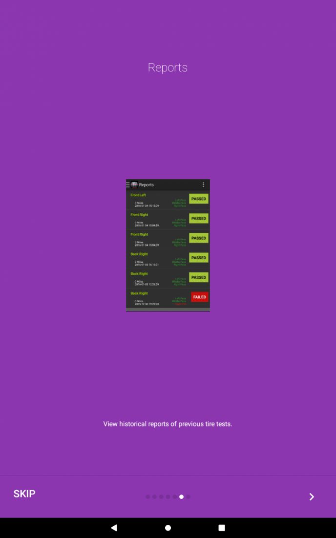 TireCheck: AI Tyre Scanner, stage 9: LEGACY UI 'Reports' slide: list of tests per position (Front Left, Front Right, Back Left,
