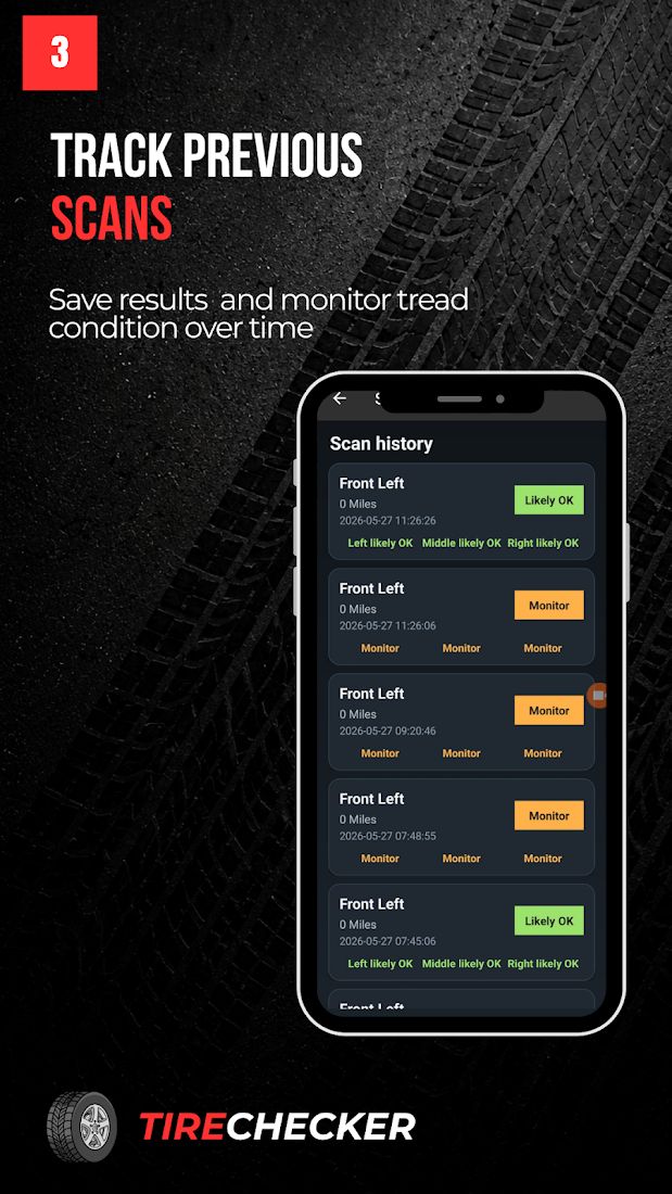 TireCheck: AI Tyre Scanner, stage 9: CURRENT 'Scan history' list: cards per scan with tyre position ('Front Left'), '0 Miles', 