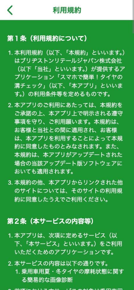 Bridgestone Tire-kan, stage 1: Top of the Terms of Use page (/terms), 'Article 1 (About these Terms)' and 'Article 2 (Ser