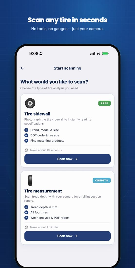 Servislet TireOptic, stage 1: Start-scanning screen ('What would you like to scan?'): 'Tire sidewall' card tagged FREE, 