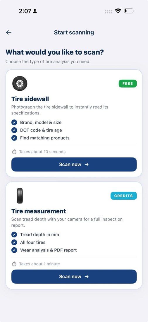 Servislet TireOptic, stage 1: Same Start-scanning screen as an unframed screenshot from the official site (status bar 2: