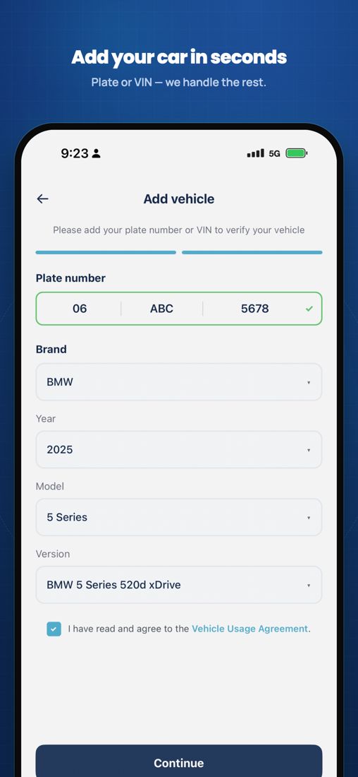 Servislet TireOptic, stage 2: App Store screenshot 'Add your car in seconds': 'Add vehicle' form, subtitle 'Please add y