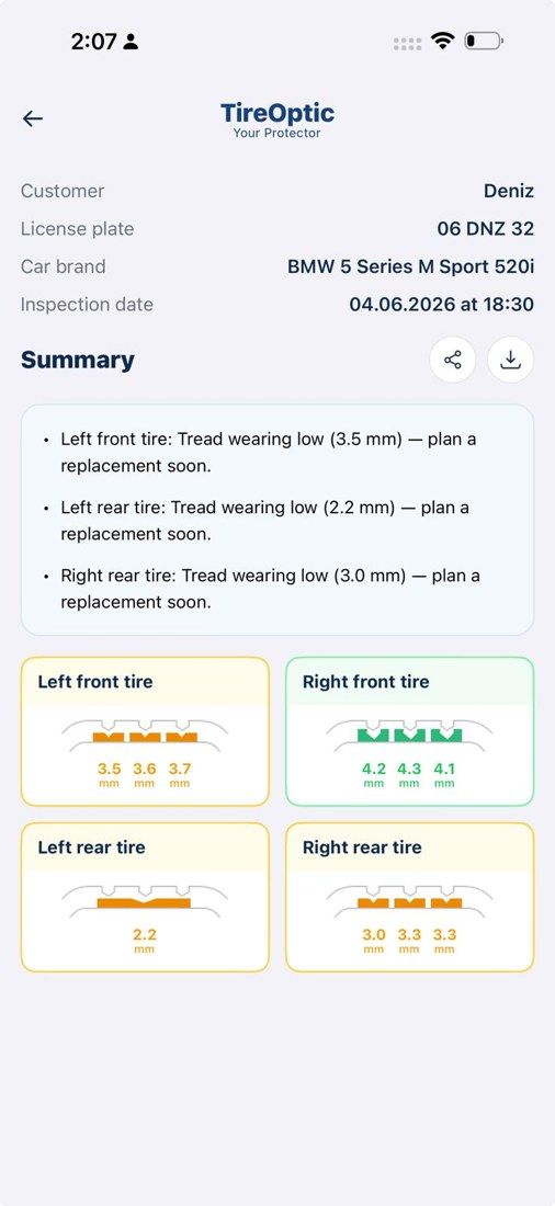 Servislet TireOptic, stage 7: Unframed report screenshot (inspection 04.06.2026): three 'Tread wearing low - plan a repl