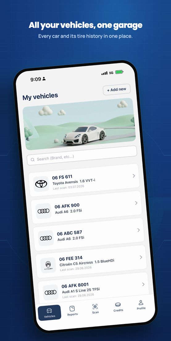Servislet TireOptic, stage 2: 'My vehicles' list with search, '+ Add new', plates/make/model rows (e.g. '06 FS 611 Toyot