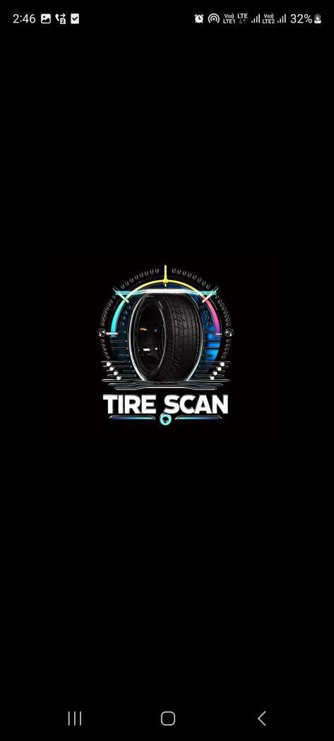 Tire Scan (Tire Cloud), stage 1: Android splash screen: black background, 'TIRE SCAN' logo with gauge-arc tire graphic. Sto