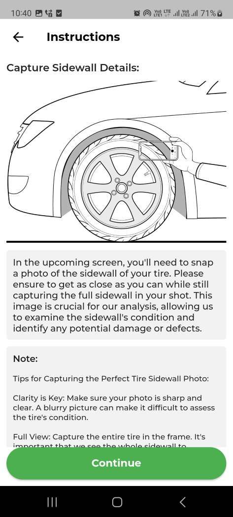 Tire Scan (Tire Cloud), stage 3: 'Instructions' screen titled 'Capture Sidewall Details': line illustration of a hand holdi