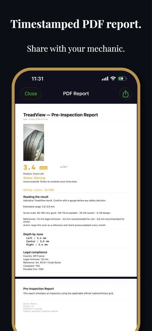 TreadView, stage 9: 'PDF Report' viewer with share button: 'TreadView - Pre-Inspection Report', photo thumbnai
