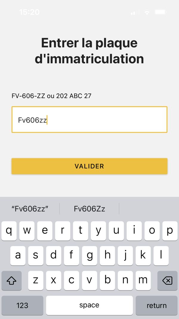 TyreSwift, stage 2: CaRool FleetCheck (sibling app) plate entry: 'Entrer la plaque d'immatriculation', example