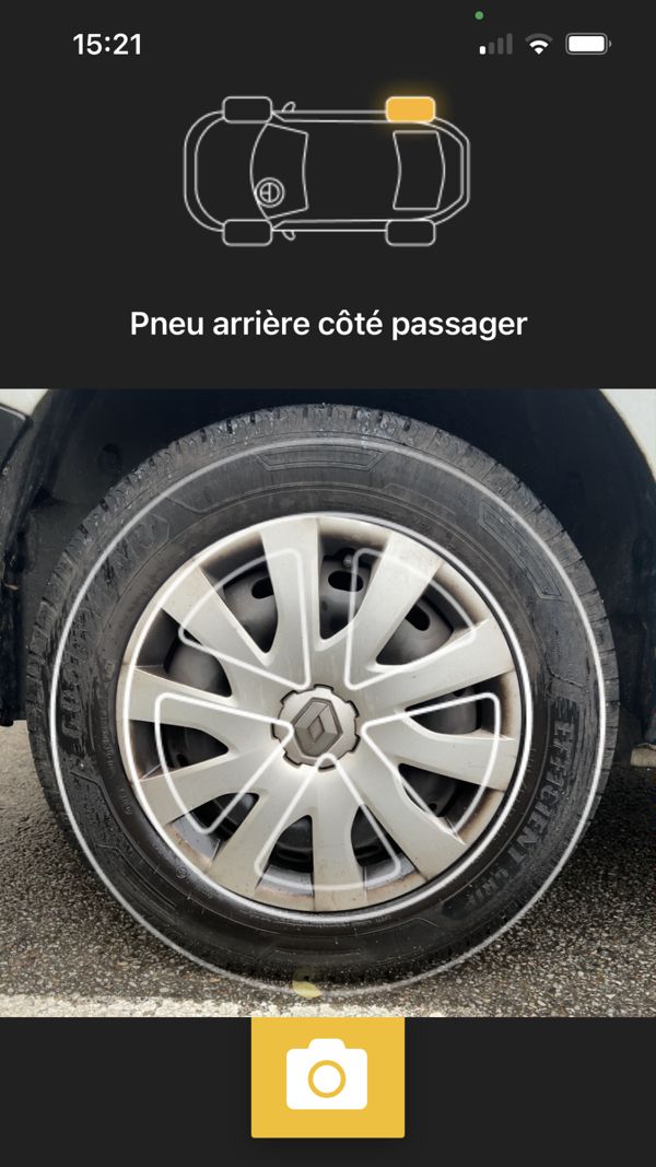 TyreSwift, stage 3: Sibling native app wheel-face capture: top diagram highlights which wheel (rear passenger,