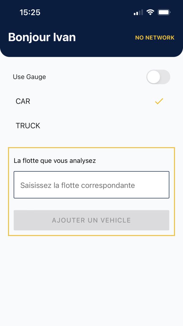 TyreSwift, stage 5: Sibling native app home with 'NO NETWORK' flag in header while captured vehicles wait; ind