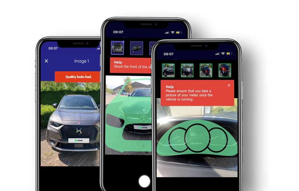 TyreSwift, stage 5: NOT a tyre screen: TyreSwift's smartphone vehicle-DAMAGE web app (Tchek) showing red 'Qual