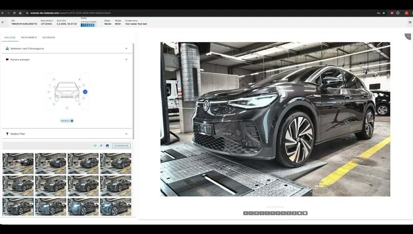 TyreSwift, stage 7: Browser back-office (scanner.dev.instavalo.one) showing a drive-through scan of a dark SUV