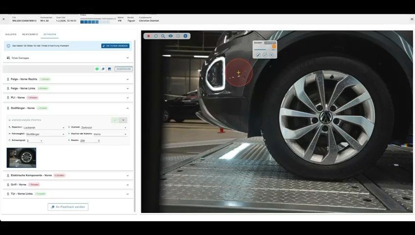 TyreSwift, stage 7: Close-up of a wheel/lower body image with red circular damage markers, a small annotation 
