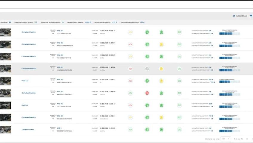 TyreSwift, stage 9: Inspections list: row per scan with thumbnail, plate/VIN, scan date and duration, a set of